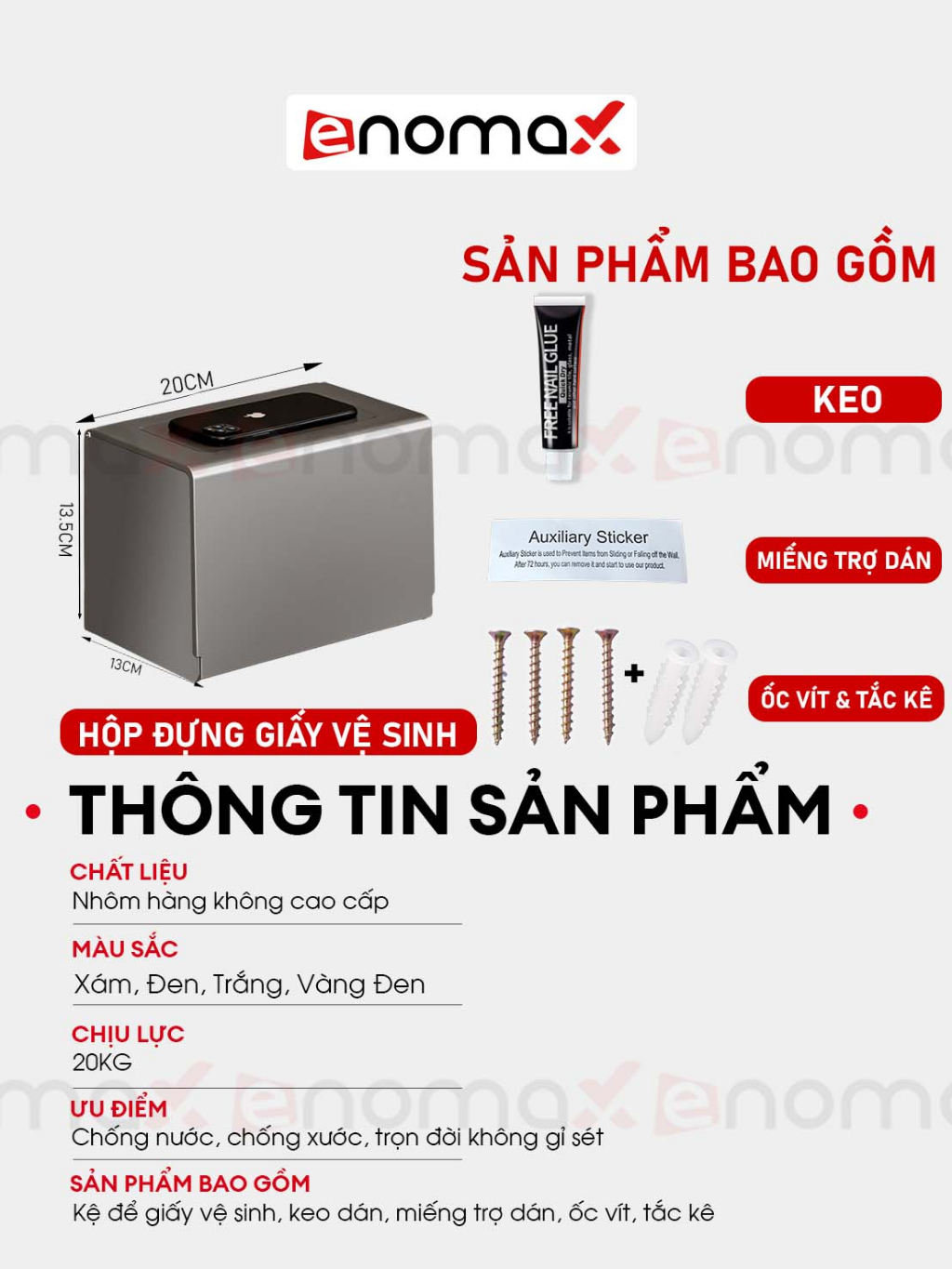 Ảnh Hộp đựng giấy vệ sinh Enomax dán tường trong phòng tắm, chất liệu Nhôm hàng không cao cấp, Bảo Hành 10 Năm (Eno 0124) 3