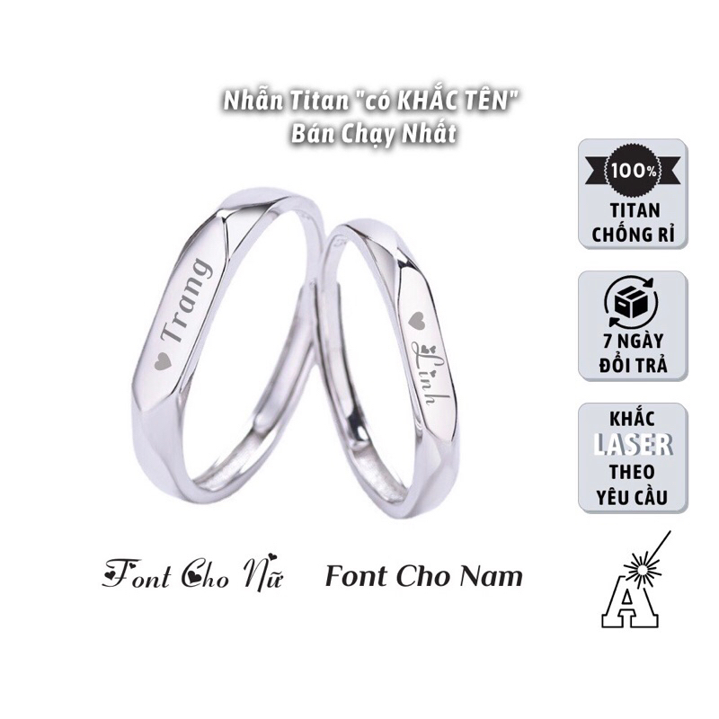 Nhẫn đôi nam nữ khắc tên, nhẫn thời trang freesize thanh lịch phù hợp làm quà tặng màu bạc 925 không gỉ Mirror