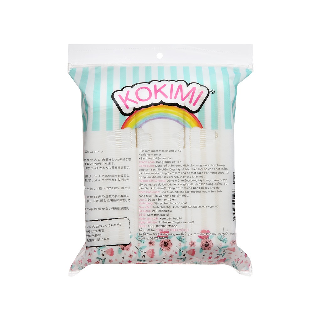Bông Tẩy Trang KOKIMI 240 miếng 100% cotton mềm mịn dai thấm hút nhanh không bị sơ bông