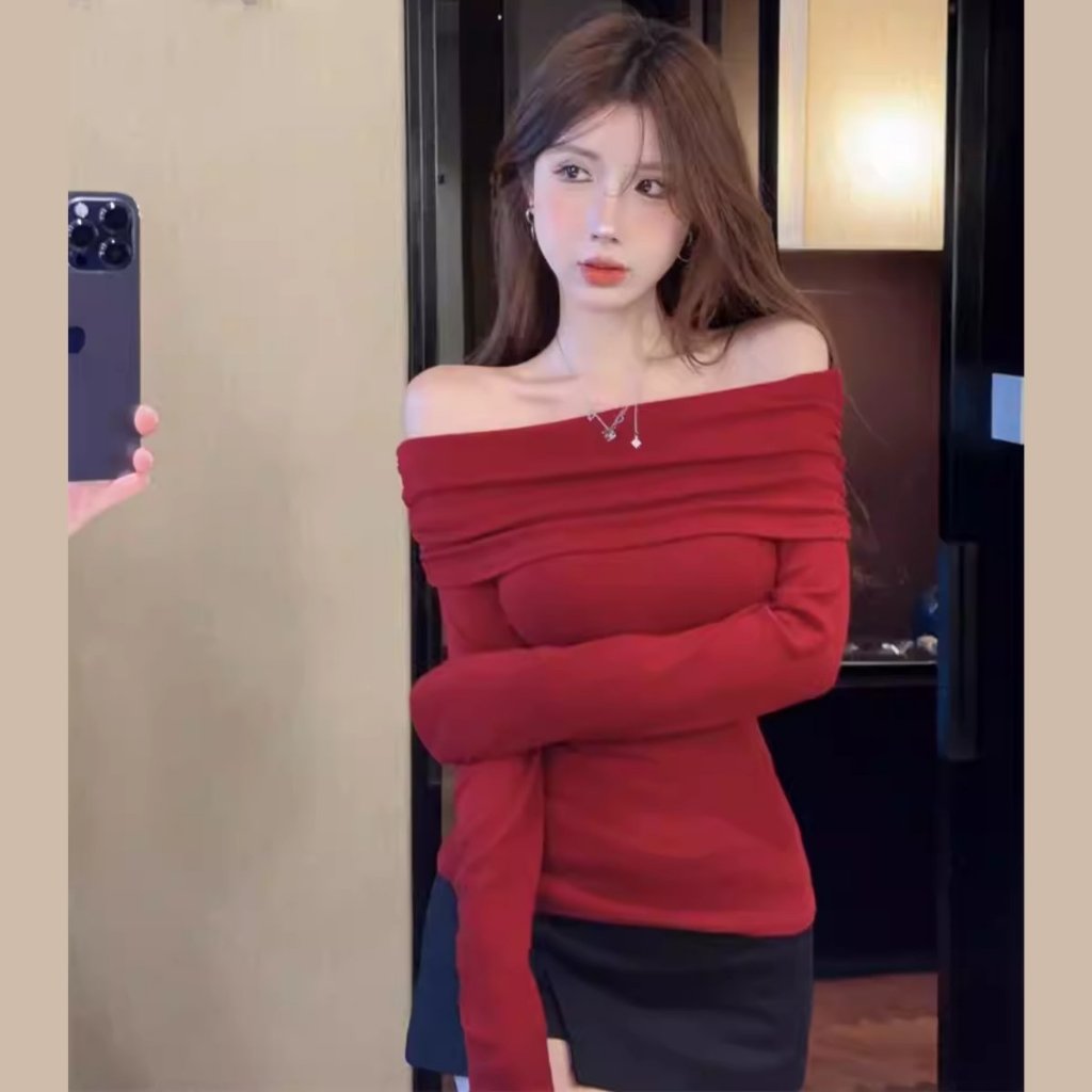 Áo trễ vai tay dài vải xịn bản to cho mùa thu đông chất liệu thun gân co giãn 4 chiều thoải mái sang trọng - A29