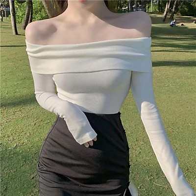 Áo trễ vai tay dài vải xịn bản to cho mùa thu đông chất liệu thun gân co giãn 4 chiều thoải mái sang trọng - A29