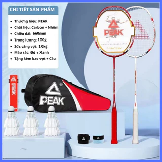 Bộ 2 vợt cầu lông PEAK Carbon chính hãng cao cấp, căng tối đa 10kg, trọng lượng nhẹ, tặng kèm bao vợt và cầu