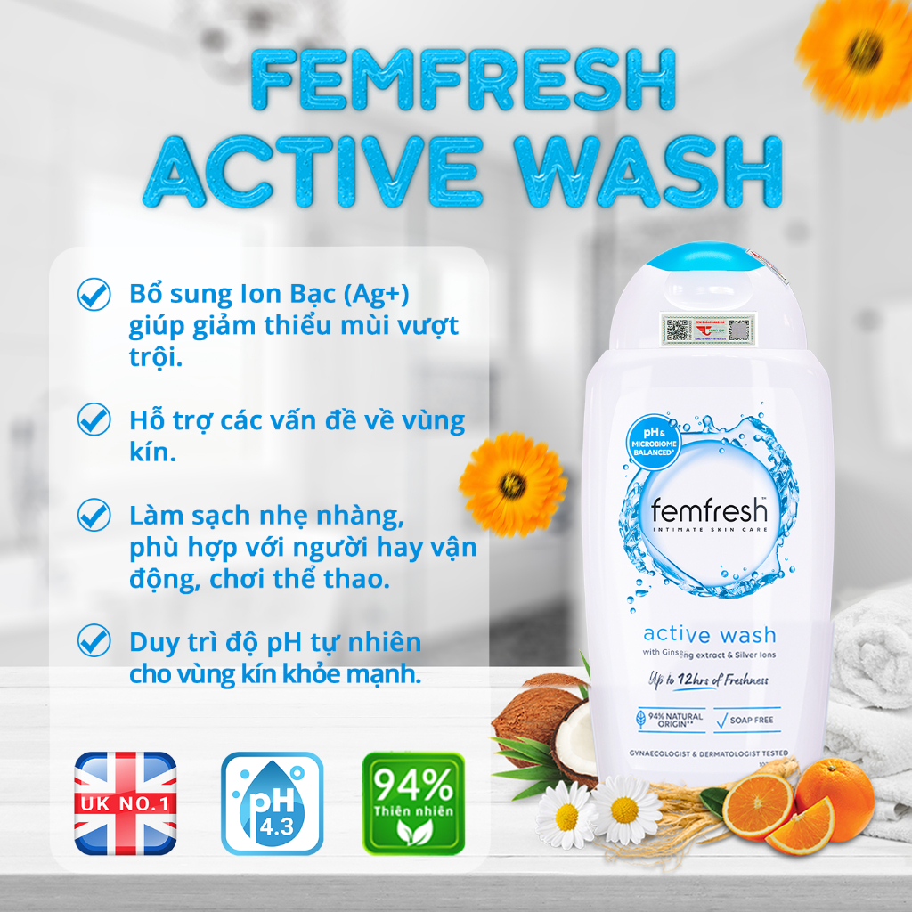 Ảnh Dung Dịch Vệ Sinh Nữ Cho Người Ưa Vận Động Giúp Vùng Kín Sạch, Thơm, Tươi Mới Femfresh Active Fresh Wash 250ml UK 1