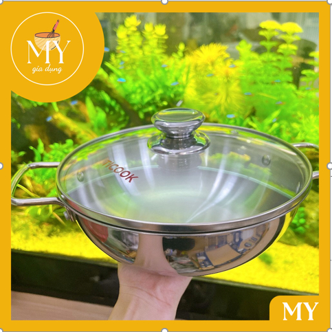 Chảo inox 304 3 Lớp TICOOK có nắp kính - Chảo lẩu inox 304 3 lớp TICOOK  Cao Cấp