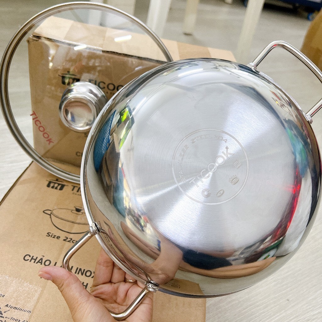 Chảo inox 304 3 Lớp TICOOK có nắp kính - Chảo lẩu inox 304 3 lớp TICOOK  Cao Cấp