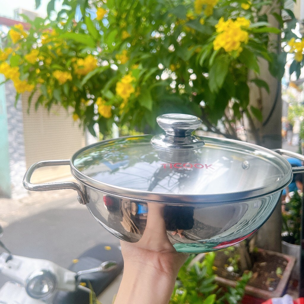 Chảo inox 304 3 Lớp TICOOK có nắp kính - Chảo lẩu inox 304 3 lớp TICOOK  Cao Cấp