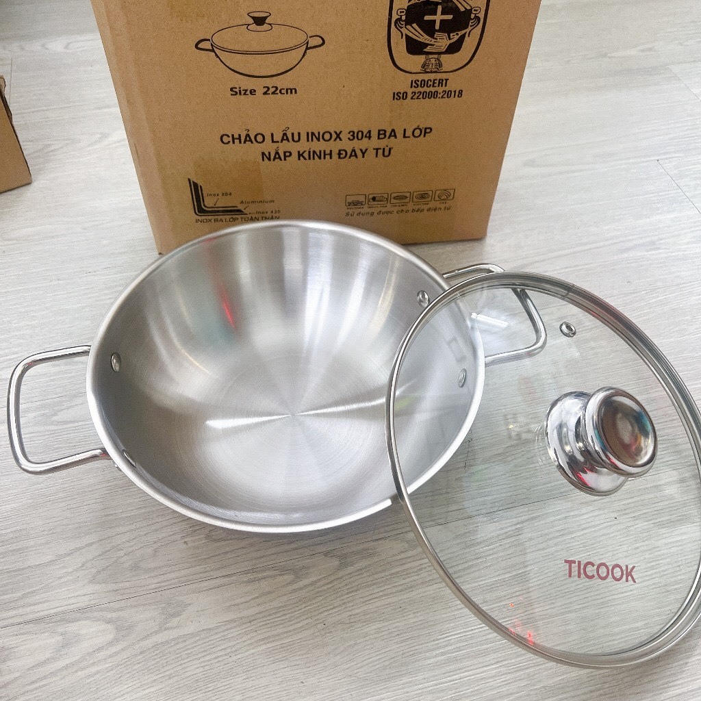Chảo inox 304 3 Lớp TICOOK có nắp kính - Chảo lẩu inox 304 3 lớp TICOOK  Cao Cấp