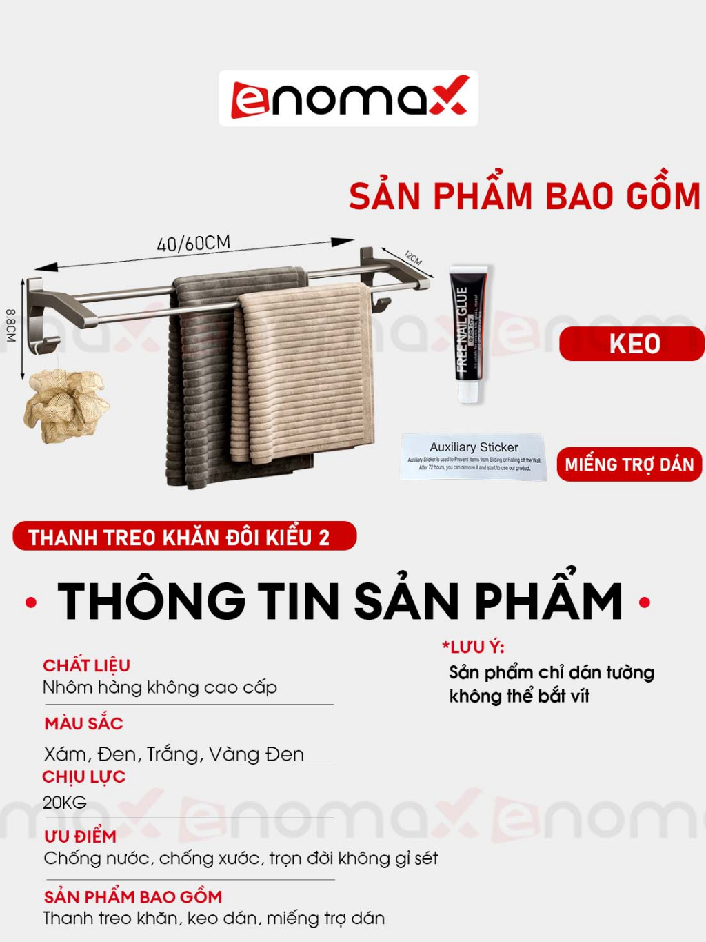 Ảnh Giá treo khăn phòng tắm Enomax, treo quần áo dán tường, chất liệu nhôm hàng không cao cấp, Bảo hành 10 năm (Eno - 0136) 1