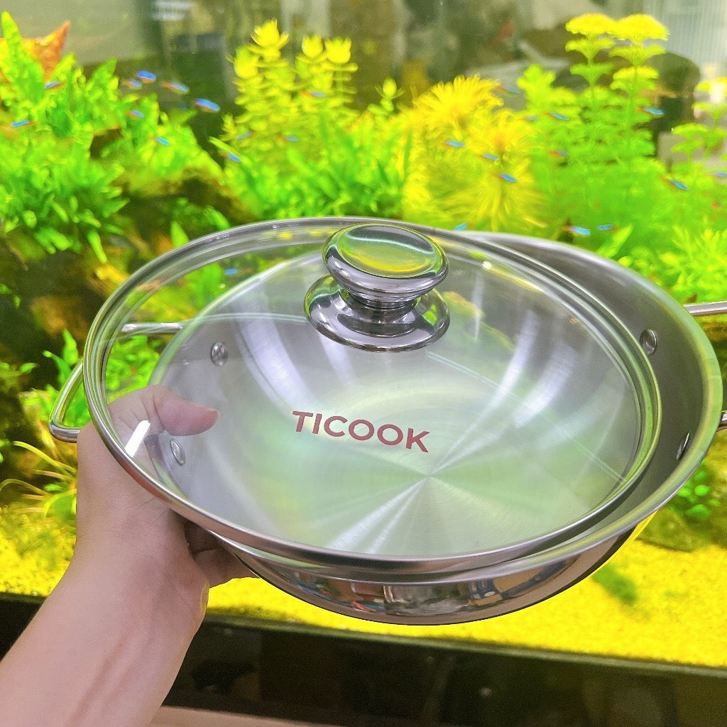 Chảo inox 304 3 Lớp TICOOK có nắp kính - Chảo lẩu inox 304 3 lớp TICOOK  Cao Cấp