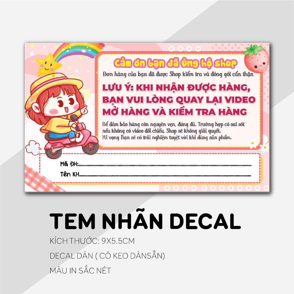 100 tem cám ơn shipper, note ghi chú quay video khi nhận hàng có keo mặt sau