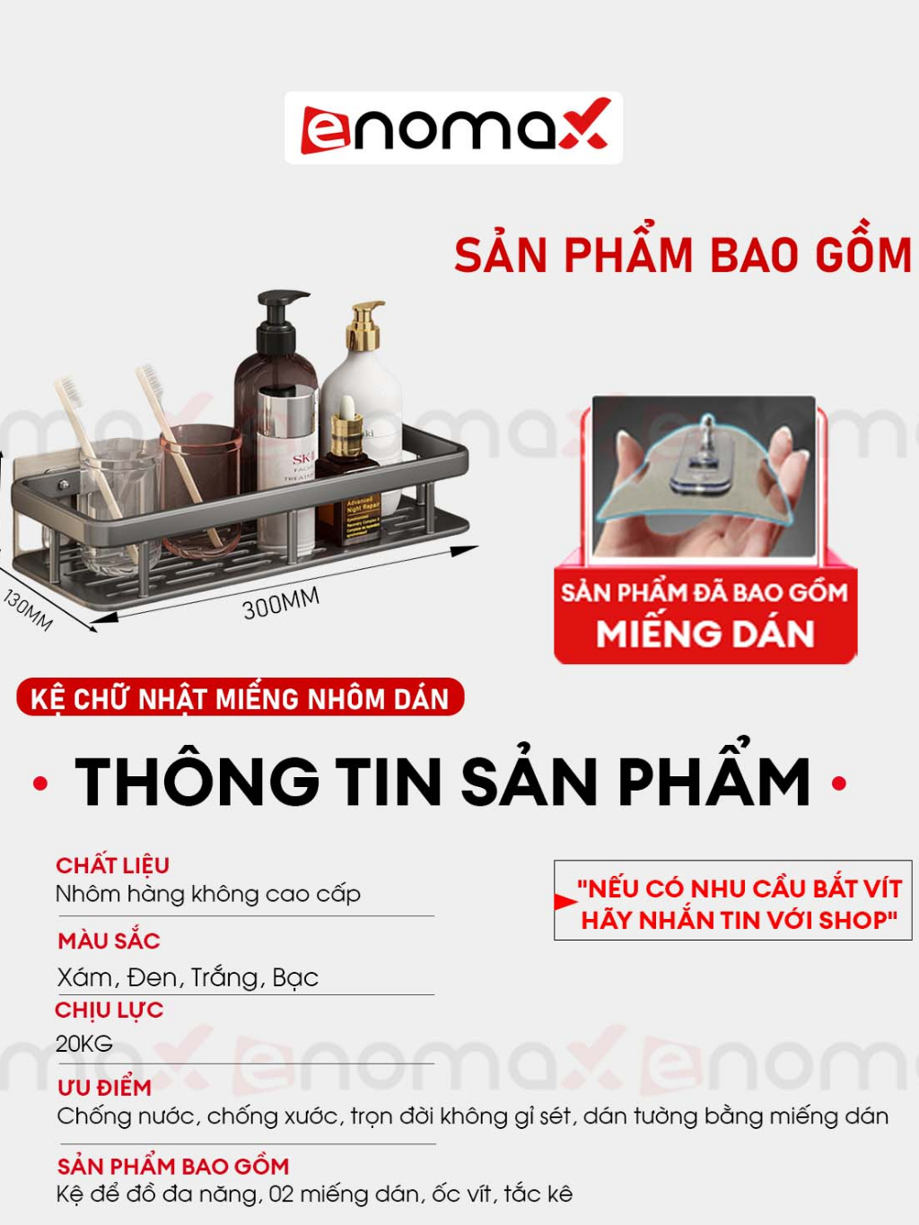 Ảnh Kệ nhà tắm dán tường Enomax để mỹ phẩm, xà phòng, để đồ gọn gàng và sạch sẽ. Chất liệu nhôm hàng không (Eno 0145) 4
