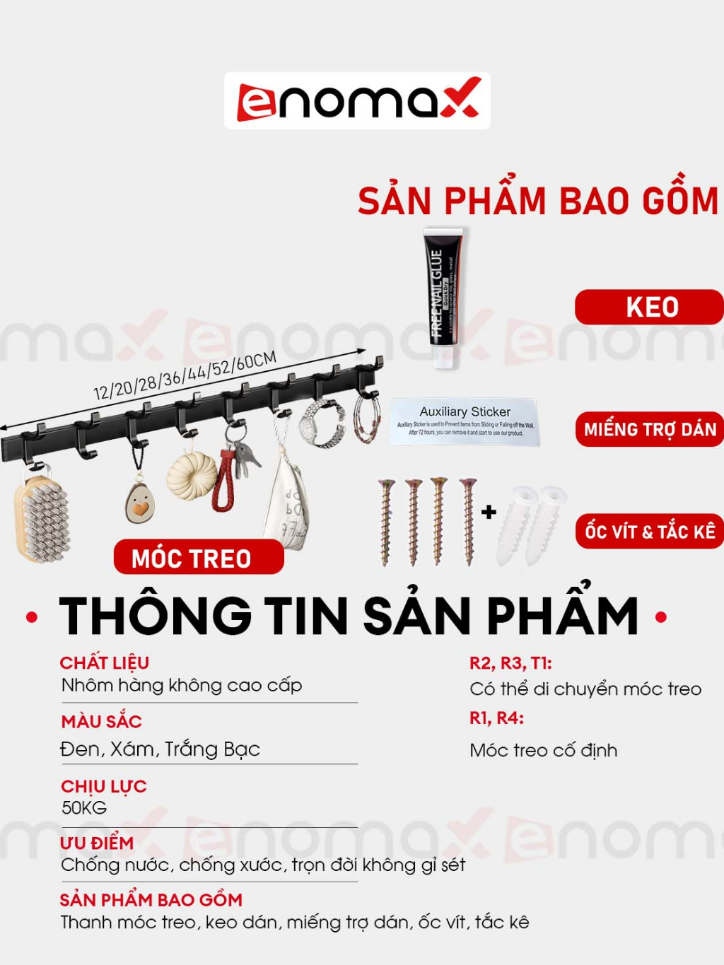 Ảnh Móc treo quần áo dán tường Enomax đa năng. Chất liệu nhôm hàng không cao cấp, chống gỉ. Bảo Hành 10 Năm ( Eno 0151 ) 3