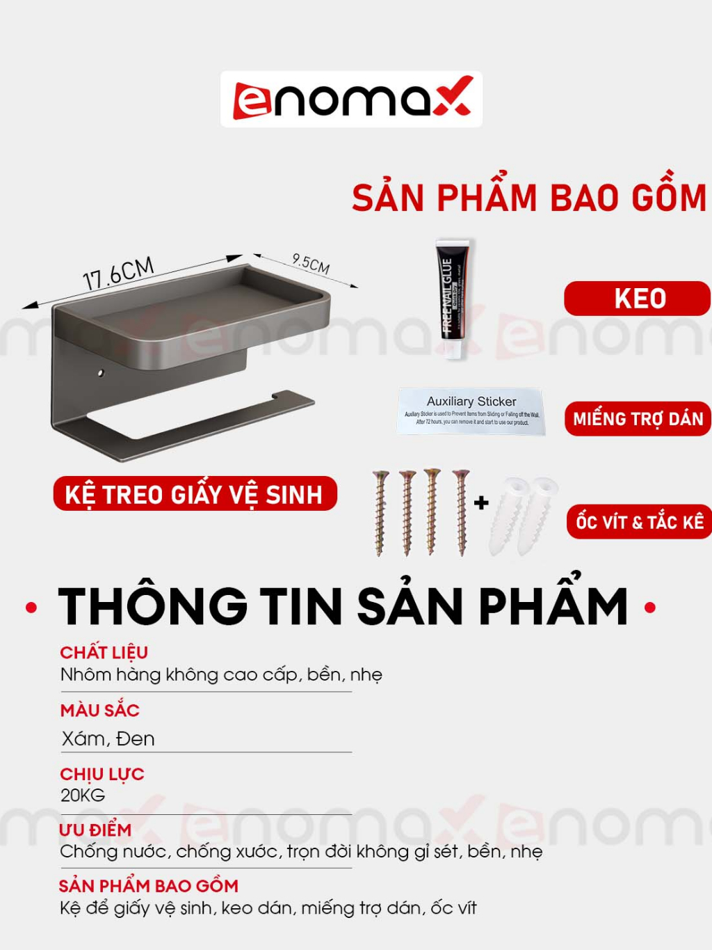 Ảnh Kệ đựng giấy vệ sinh Enomax trong phòng tắm, chất liệu nhồm hàng không cao cấp, chống gỉ, bảo hành 10 năm (Eno 0169) 3