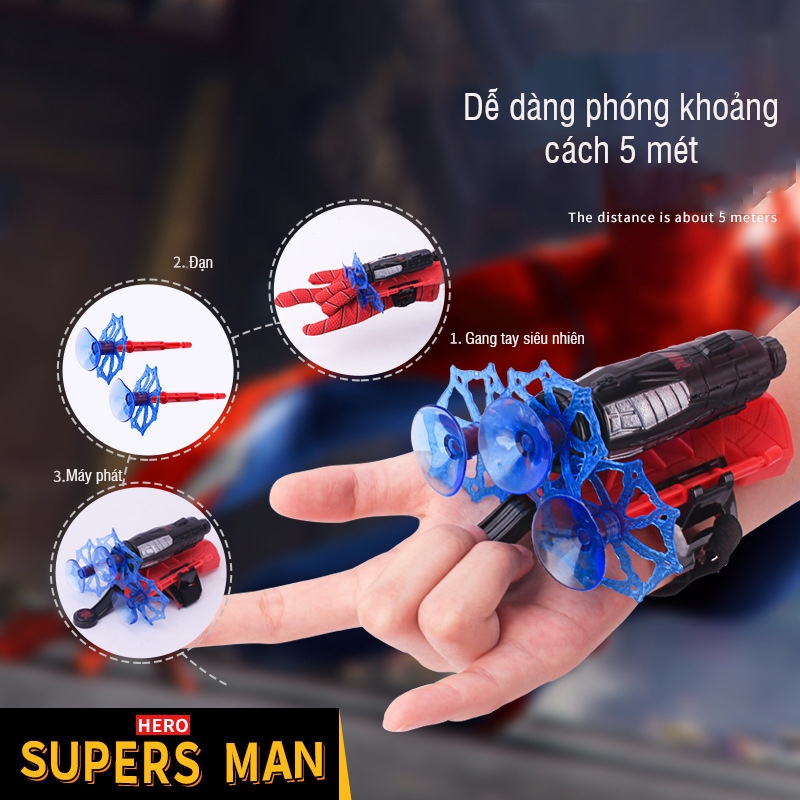 Đồ chơi bắn tơ người nhện - găng tay người nhện có giác hút dính đồ vật, kèm dây, cự ly 5M