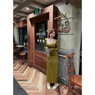 Đầm cổ yếm kiểu tay dài dáng xòe thời trang mã mới Top bán chạy