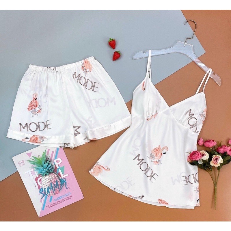 Ảnh Đồ Bộ Mặc Nhà Hai Dây Quần Đùi Lụa Satin In Họa Tiết  Hisexy  Có mút ngực MS71 2