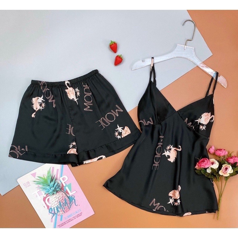 Ảnh Đồ Bộ Mặc Nhà Hai Dây Quần Đùi Lụa Satin In Họa Tiết  Hisexy  Có mút ngực MS71 3