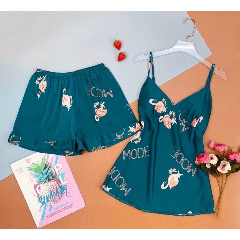 Ảnh Đồ Bộ Mặc Nhà Hai Dây Quần Đùi Lụa Satin In Họa Tiết  Hisexy  Có mút ngực MS71 1