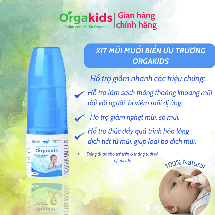 Xịt mũi CẬN DATEmuối biển ưu trương Orgakids làm sạch mũi, hỗ trợ giảm nghẹt mũi, sổ mũi cho bé trên 6 tháng tuổi lọ 20m