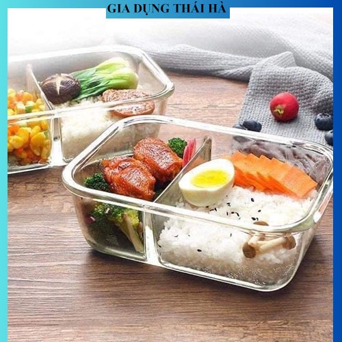 Hộp Cơm Thuỷ Tinh Chia Ngăn Cao Cấp, Có Nắp Đậy, Dùng Được Trong Lò Vi Sóng, 2 Ngăn 3 Ngăn Tiện Ích