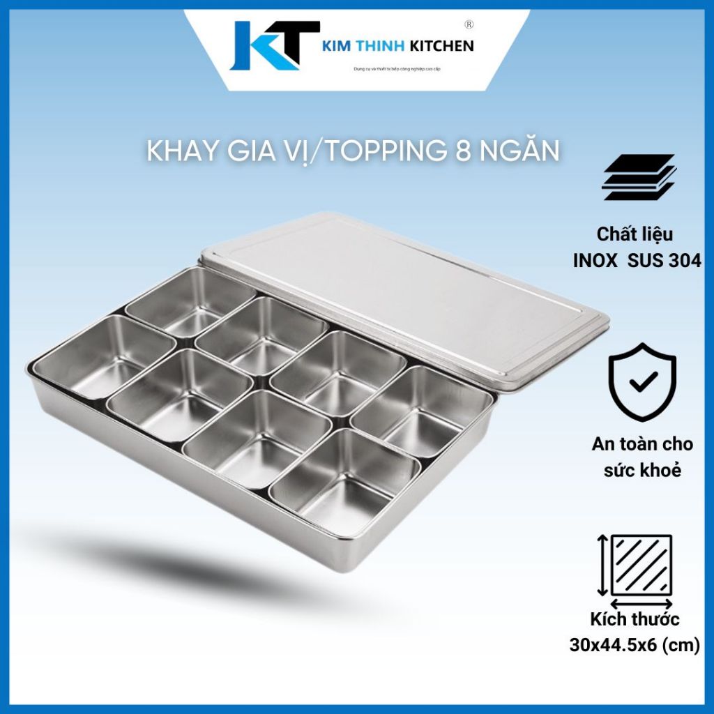 Khay Inox 8 ngăn, Khay Inox Đựng Topping/Trà Sữa/ Thực Phẩm Inox 304 Có Nắp Inox/ Nắp Nhựa PC Nhập Khẩu Cao Cấp.