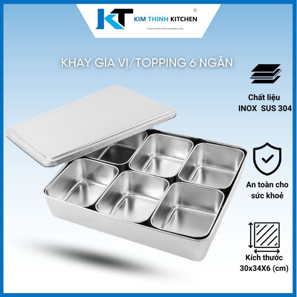 Khay Inox 6 Ngăn, Khay Inox Đựng Topping/Trà Sữa/ Thực Phẩm Inox 304 Có Nắp Inox/ Nắp Nhựa PC Nhập Khẩu Cao Cấp.