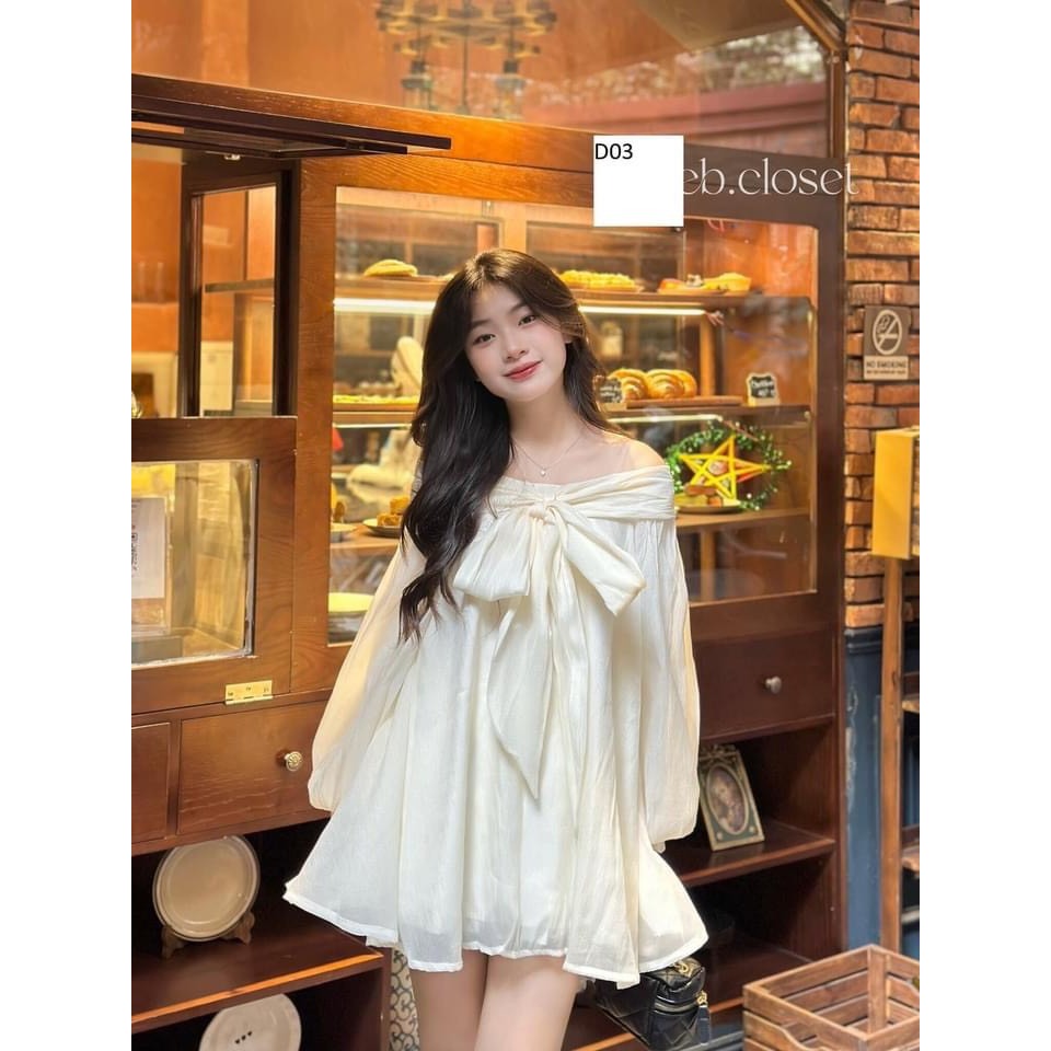 Đầm ngắn nữ kiểu babydoll trễ vai tay bồng xòe thắt nơ 2 lớp cao cấp chất voan tơ- D03