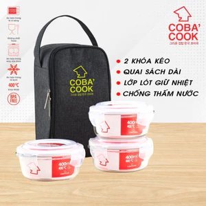 Bộ túi hộp cơm thủy tinh đựng thức ăn thực phẩm hộp cơm văn phòng COBACOOK - CCR43BL
