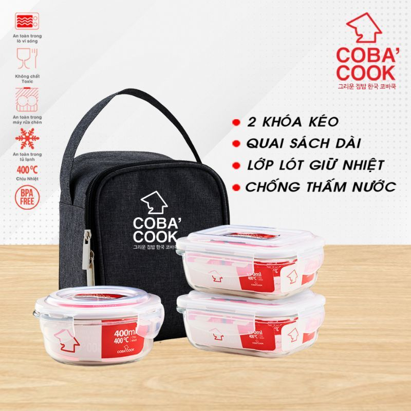 Ảnh Bộ 3 Hộp Cơm Thủy Tinh Chịu Nhiệt COBACOOK Gồm 1 Hộp 400ml 2 Hộp 370ml Và Túi- CCR4L33BS 1