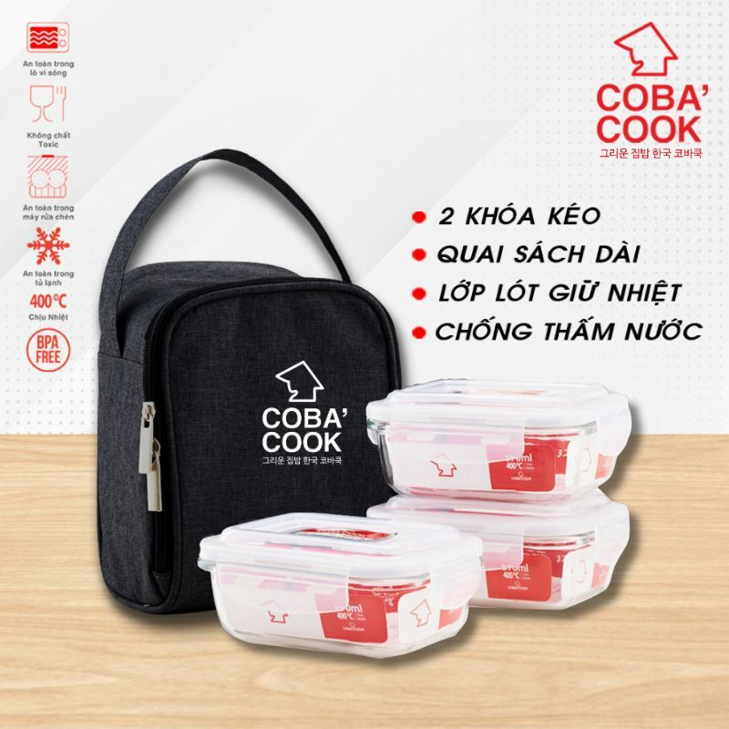 Ảnh Bộ 3 Hộp Đựng Cơm Thủy Tinh Chịu Nhiệt COBA'COOK Chữ Nhật 370ml Và Túi -CCL33BS 1