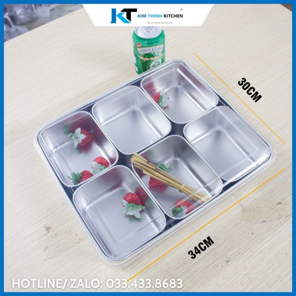 Khay Inox 6 Ngăn, Khay Inox Đựng Topping/Trà Sữa/ Thực Phẩm Inox 304 Có Nắp Inox/ Nắp Nhựa PC Nhập Khẩu Cao Cấp.