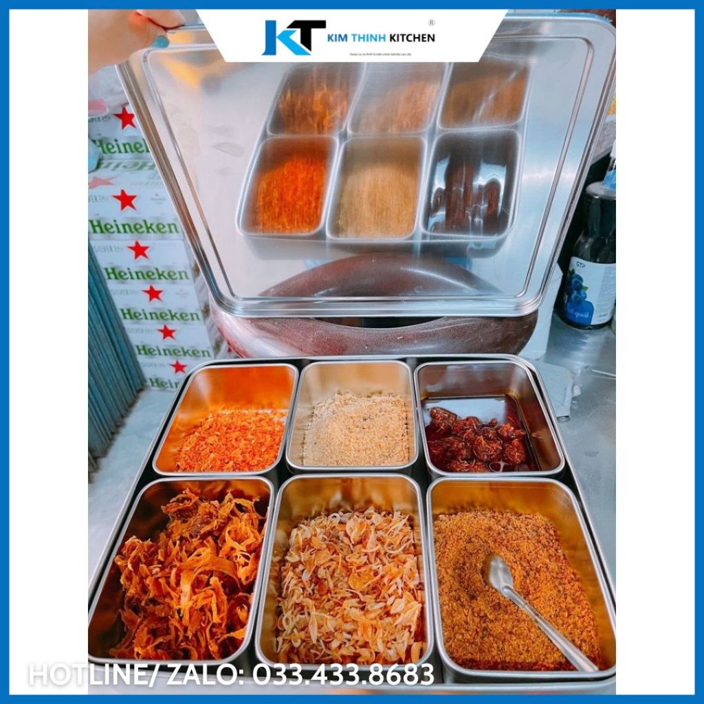 Khay Inox 6 Ngăn, Khay Inox Đựng Topping/Trà Sữa/ Thực Phẩm Inox 304 Có Nắp Inox/ Nắp Nhựa PC Nhập Khẩu Cao Cấp.