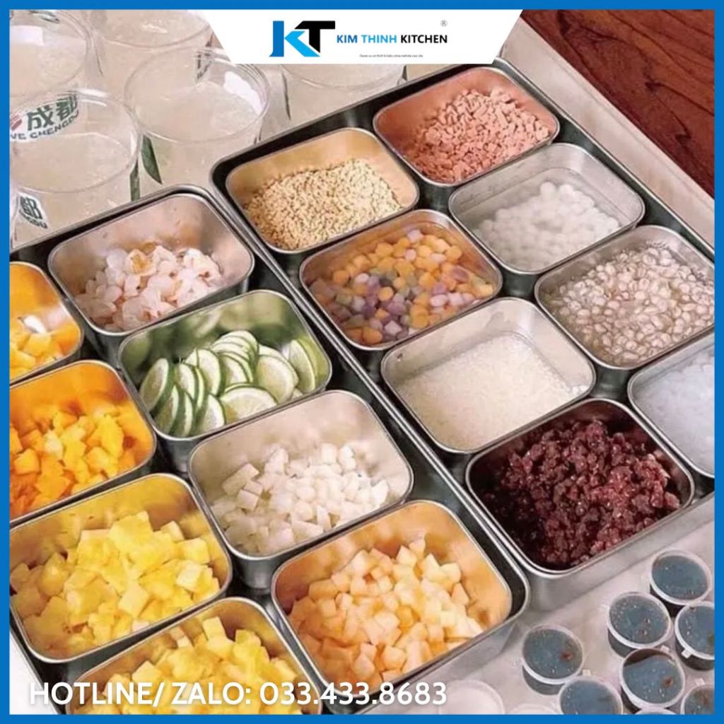Khay Inox 6 Ngăn, Khay Inox Đựng Topping/Trà Sữa/ Thực Phẩm Inox 304 Có Nắp Inox/ Nắp Nhựa PC Nhập Khẩu Cao Cấp.