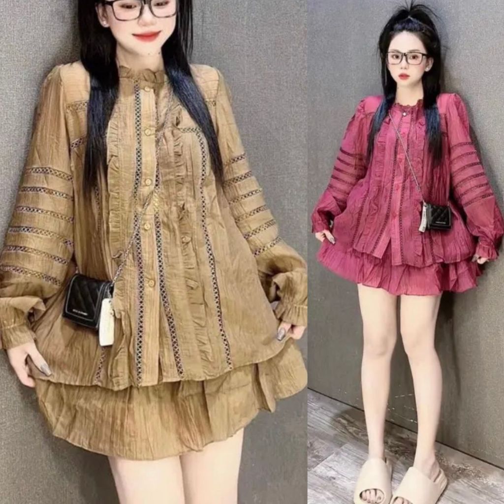 Set Áo Kiểu Babydoll Tay Dài Viền Ren Tơ Đũi Mát Mềm Bigsize 65-90kg ESHOP Đồ Mặc Nhà Sang Chảnh