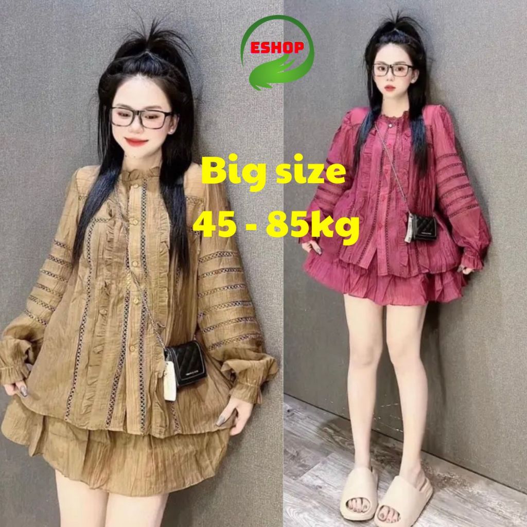 Set Áo Kiểu Babydoll Tay Dài Viền Ren Tơ Đũi Mát Mềm Bigsize 65-90kg ESHOP Đồ Mặc Nhà Sang Chảnh