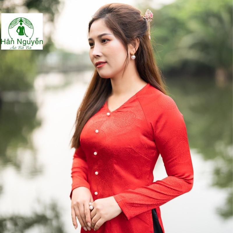 Hân Nguyễn Áo Bà Ba - B.A40 - Áo Bà Ba Gấm Đồng Tiền Dây Kéo Cổ Tim Tay Dài Quần Ngọc Trai