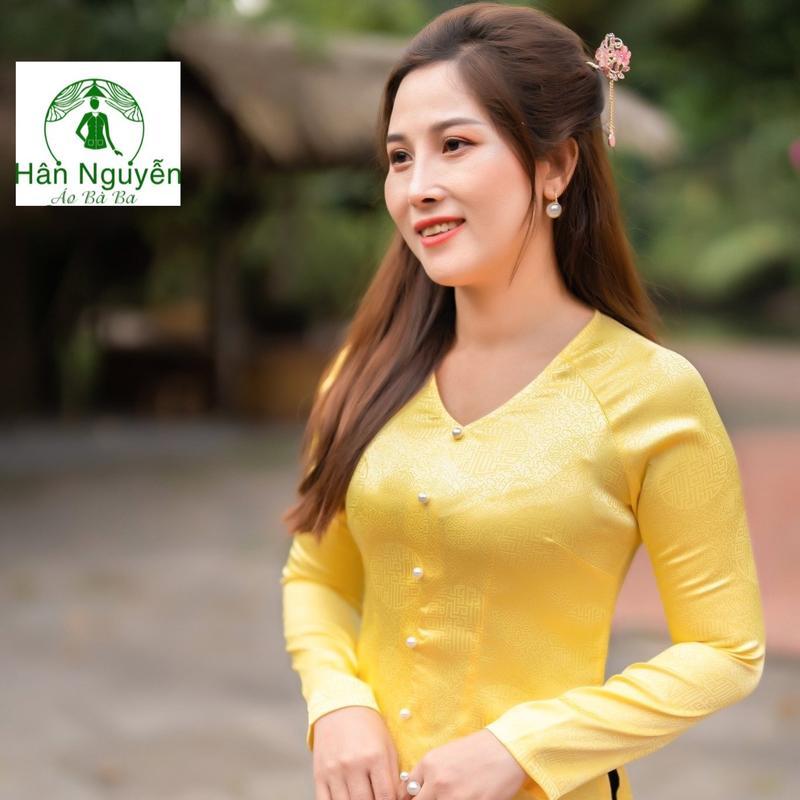Hân Nguyễn Áo Bà Ba - B.A40 - Áo Bà Ba Gấm Đồng Tiền Dây Kéo Cổ Tim Tay Dài Quần Ngọc Trai