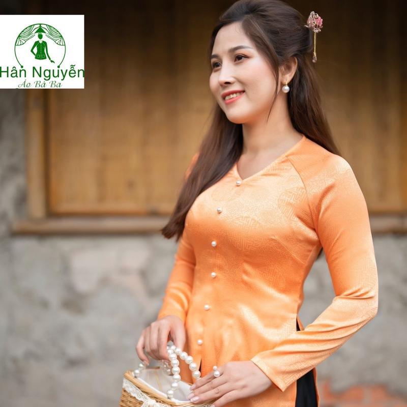 Hân Nguyễn Áo Bà Ba - B.A40 - Áo Bà Ba Gấm Đồng Tiền Dây Kéo Cổ Tim Tay Dài Quần Ngọc Trai
