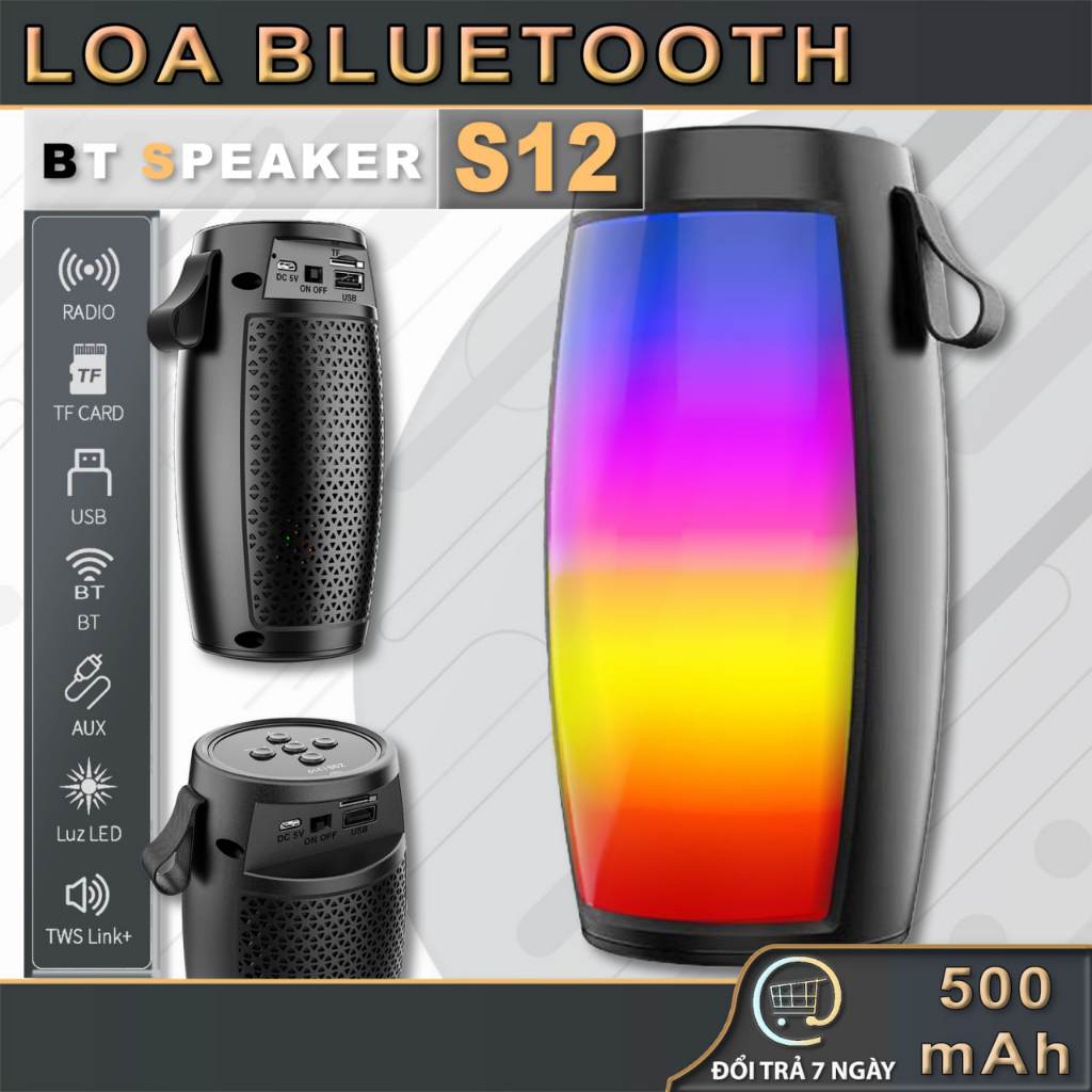 Loa Bluetooth S12, Led RGB, Âm Thanh To, Bass Mạnh, USB, Thẻ Nhớ, Giòng ...