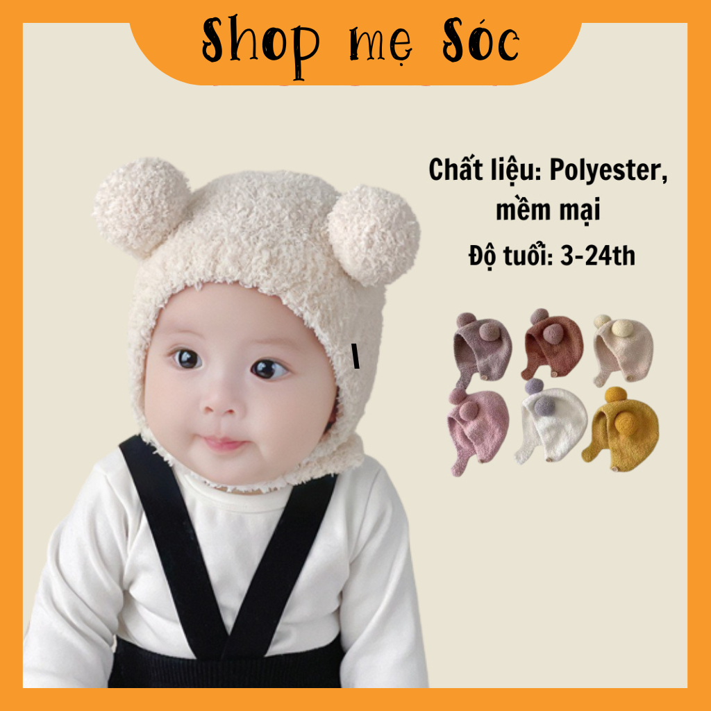 Mũ Lông Xù Hai Quả Bông Cài Cúc Cực Yêu Cho Bé Mùa Thu Đông cho bé 0-2 tuổi mesocshop