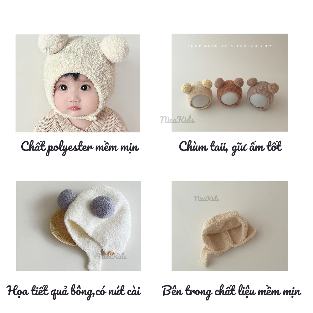 Mũ Lông Xù Hai Quả Bông Cài Cúc Cực Yêu Cho Bé Mùa Thu Đông cho bé 0-2 tuổi mesocshop