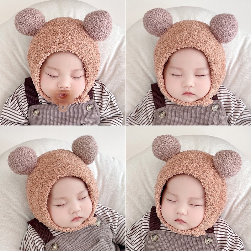 Mũ Lông Xù Hai Quả Bông Cài Cúc Cực Yêu Cho Bé Mùa Thu Đông cho bé 0-2 tuổi mesocshop