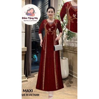 Đầm MAXI trung niên dự tiệc sang trọng vải nhũ ánh kim cao cấp tặng mẹ co giãn tốt bigsize 80kg M536