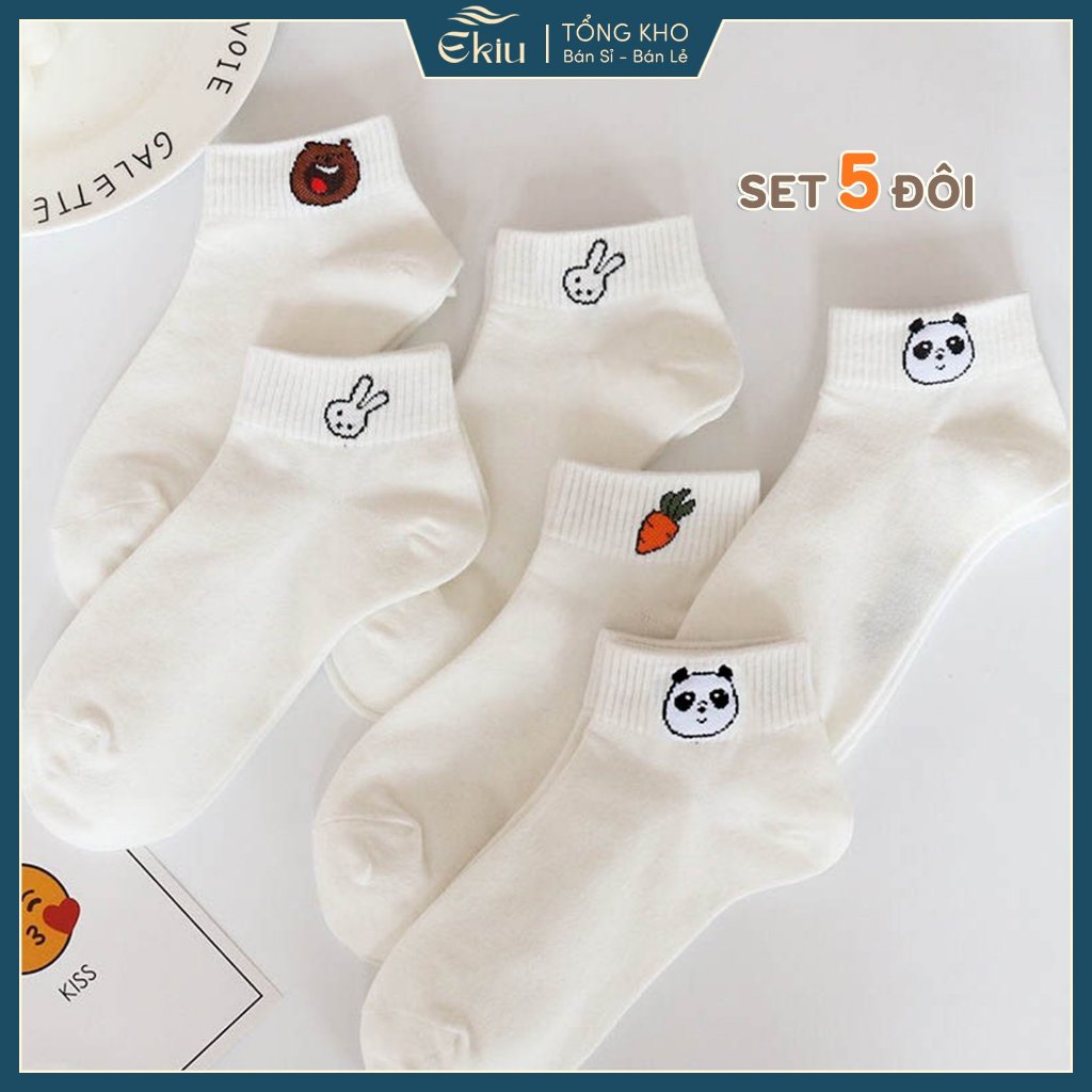 Tất vớ nữ cổ ngắn họa tiết thú đáng yêu thêu chắc chắn, chất liệu cotton co giãn thoáng khí - Ekiu Shop