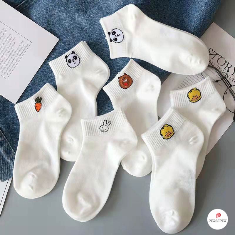 Tất vớ nữ cổ ngắn họa tiết thú đáng yêu thêu chắc chắn, chất liệu cotton co giãn thoáng khí - Ekiu Shop