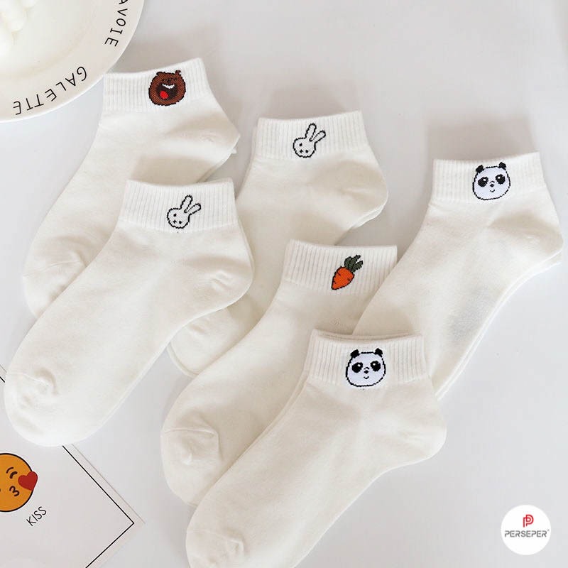 Tất vớ nữ cổ ngắn họa tiết thú đáng yêu thêu chắc chắn, chất liệu cotton co giãn thoáng khí - Ekiu Shop