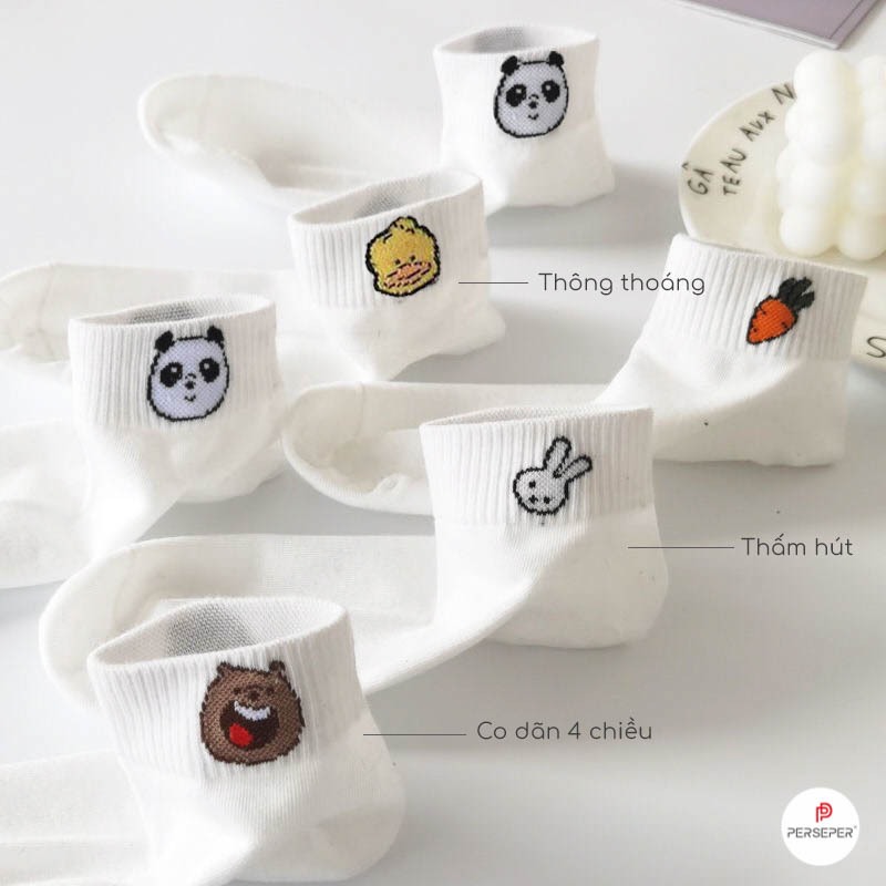 Tất vớ nữ cổ ngắn họa tiết thú đáng yêu thêu chắc chắn, chất liệu cotton co giãn thoáng khí - Ekiu Shop