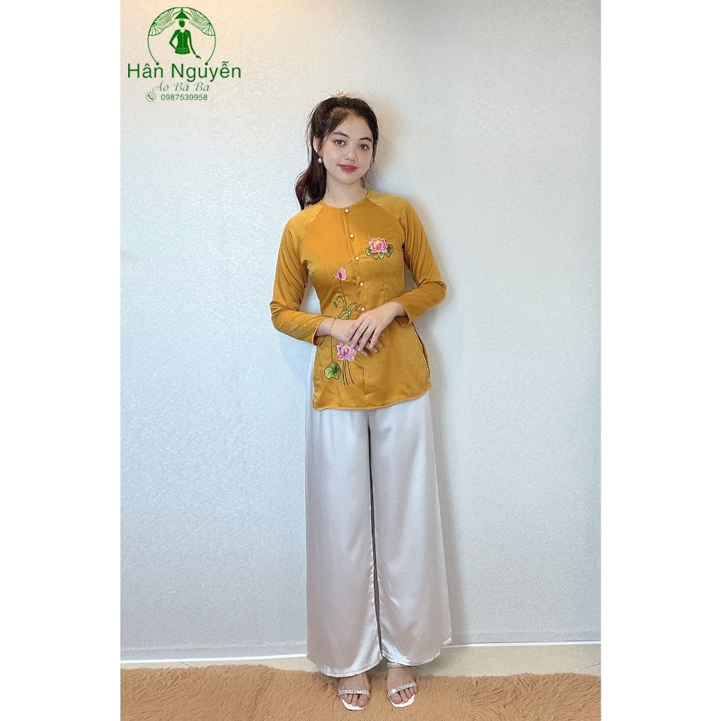 Hân Nguyễn Áo Bà Ba - B.A83 - ( ÁO LẺ ) Bà Ba Lụa Thêu Hoa Sen (CÀI NÚT)