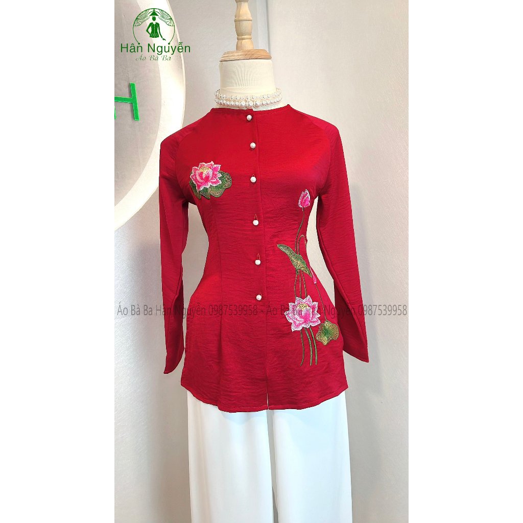 Hân Nguyễn Áo Bà Ba - B.A83 - ( ÁO LẺ ) Bà Ba Lụa Thêu Hoa Sen (CÀI NÚT)