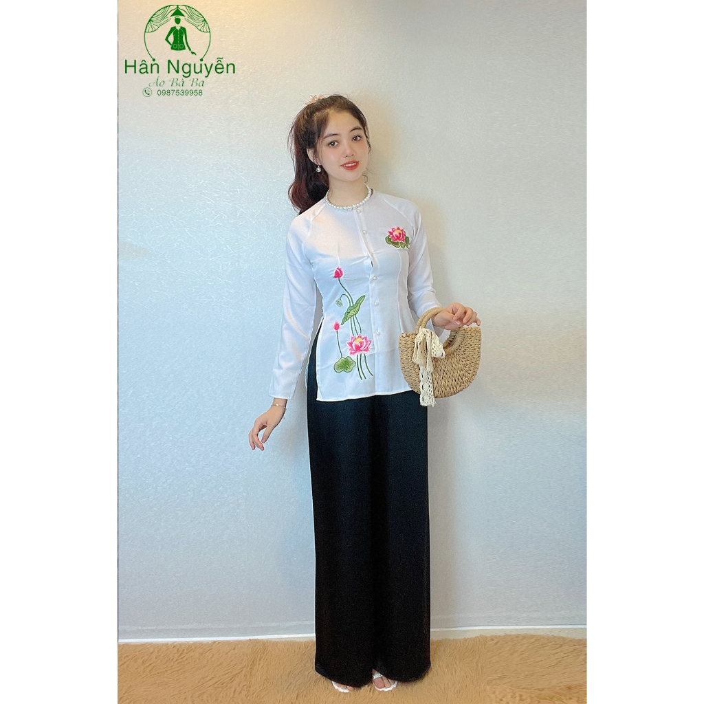 Hân Nguyễn Áo Bà Ba - B.A83 - ( ÁO LẺ ) Bà Ba Lụa Thêu Hoa Sen (CÀI NÚT)